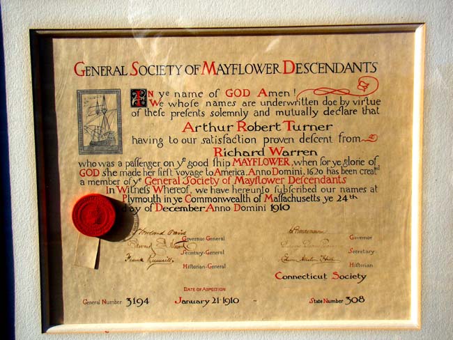 A RARE "General Society of MAYFLOWER Descendants" certificate issued Dec. 24, 1910 to Arthur Robert Turner. — image 2